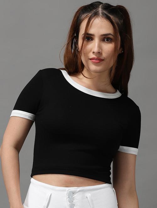 women's crop round neck top - 18532226 - Very Small Image - 1