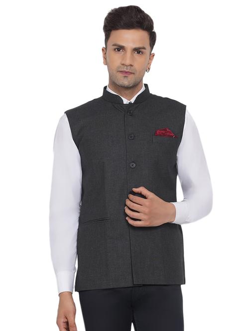 charcoal solid nehru jacket - 18532888 - Very Small Image - 1