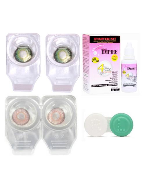 combo pack of 2 pair colored contact lens zero power with case & 30ml solution green-pink - 18537766 - Very Small Image - 1