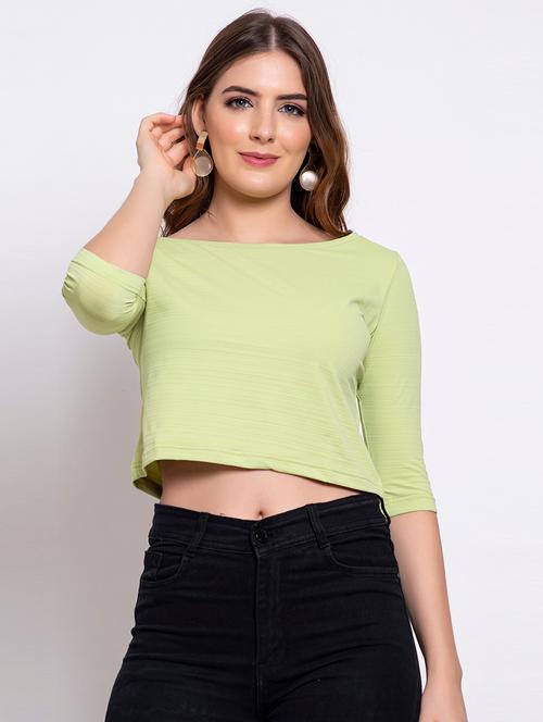 green solid boat neck crop t-shirt - 18538301 - Very Small Image - 1