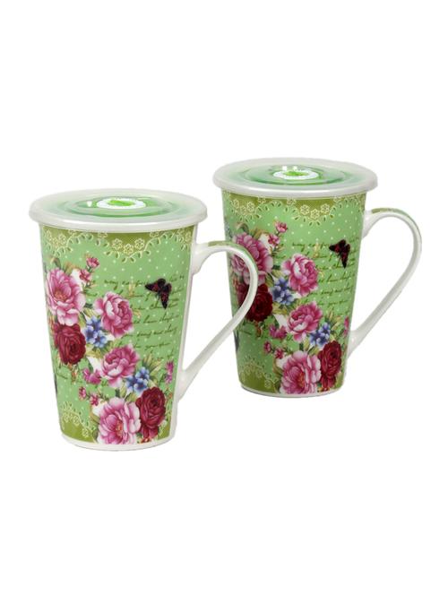 ceradeco pack of 2 green & red printed ceramic glossy mugs with lid - 18538373 - Very Small Image - 1