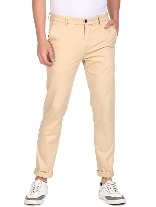 beige cotton flat front casual trousers - 18539975 - Very Small Image - 1