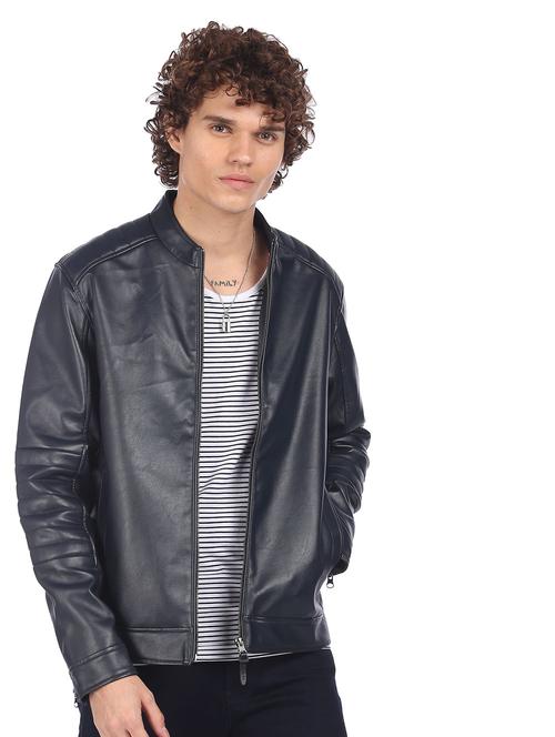 navy blue solid biker jacket - 18542152 - Very Small Image - 1
