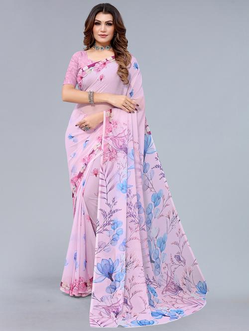 Women's Floral Pink Colored Saree With Blouse - 18547131 - Very Small Image - 1