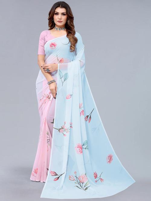 women's floral purist blue colored saree with blouse - 18547132 - Very Small Image - 1