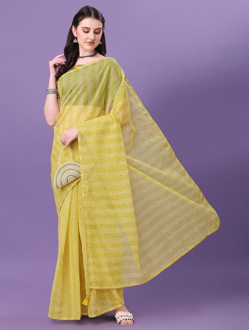 yellow colored striped designed saree with blouse - 18558415 - Very Small Image - 1