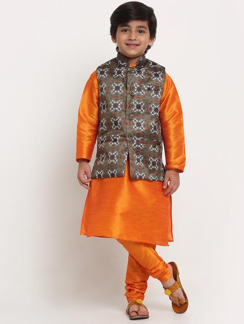 boys orange solid kurta pajama set with printed jacket - 18565234 - Very Small Image - 1