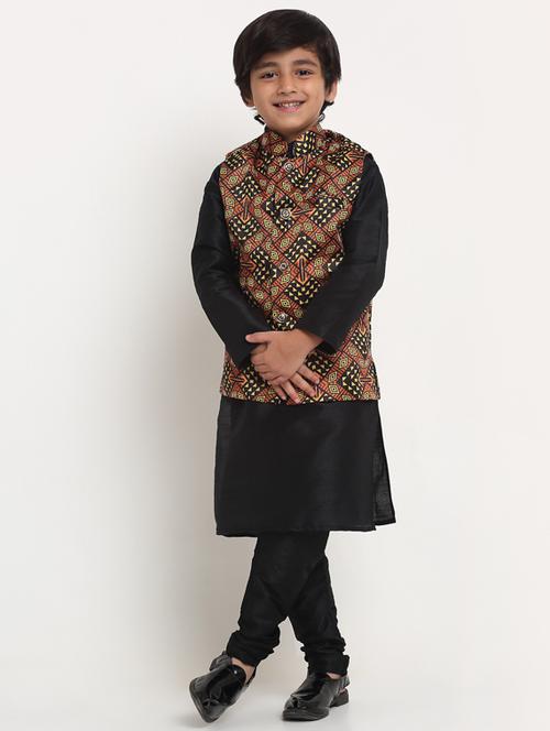 boys black solid kurta pajama set with printed jacket - 18565250 - Very Small Image - 1
