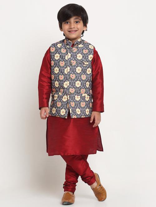 boys solid kurta pajama with printed nehru jacket set  - 18565356 - Very Small Image - 1