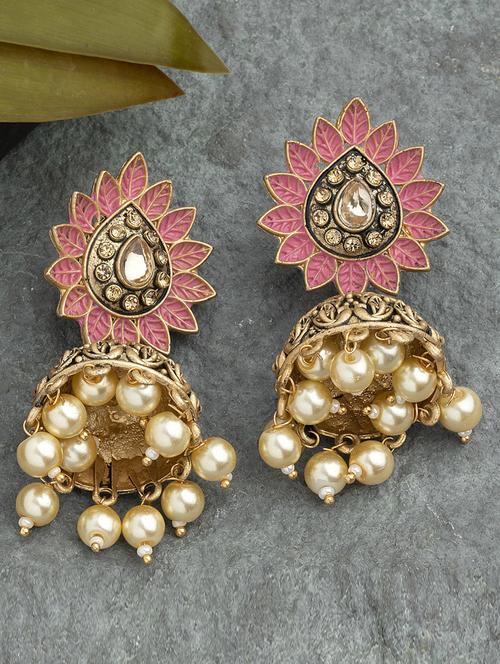 pink metal jhumka earring - 18567219 - Very Small Image - 1