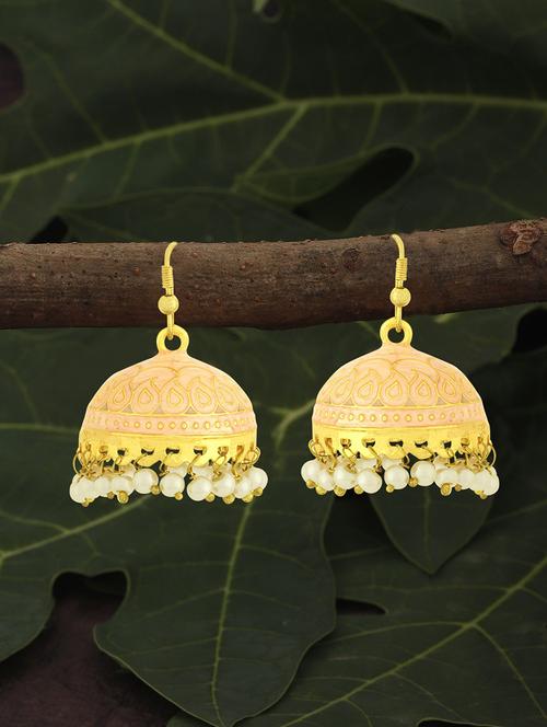 yellow metal jhumka earring - 18567387 - Very Small Image - 1