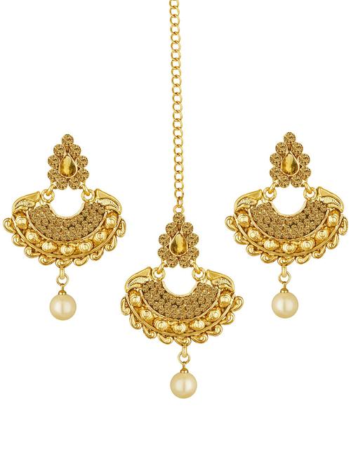 gold plated 1 maangtikka, 2 earring set  - 18567633 - Very Small Image - 1