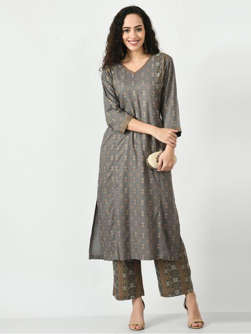 grey printed straight kurta - 18575752 - Very Small Image - 1