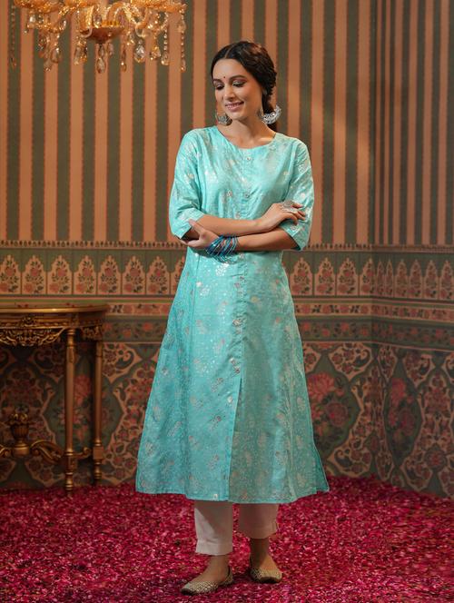 Blue Chanderi Aline Kurta - 18575853 - Very Small Image - 1