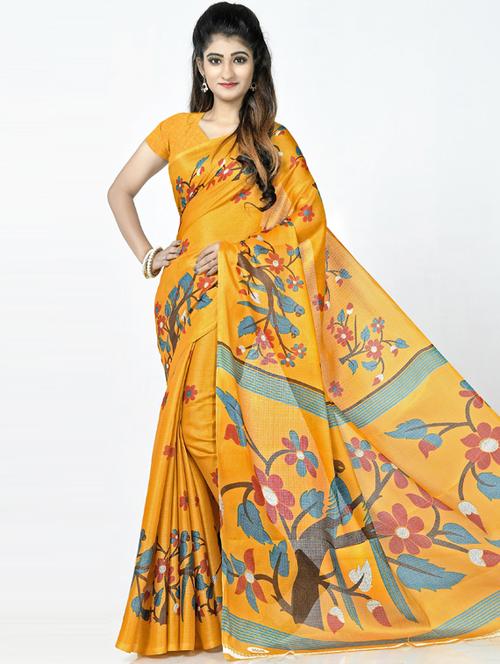 women's floral yellow colored saree with blouse - 18577382 - Very Small Image - 1