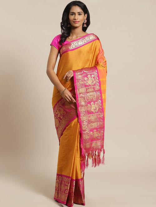 women's self design mustard colored saree with blouse - 18577638 - Very Small Image - 1