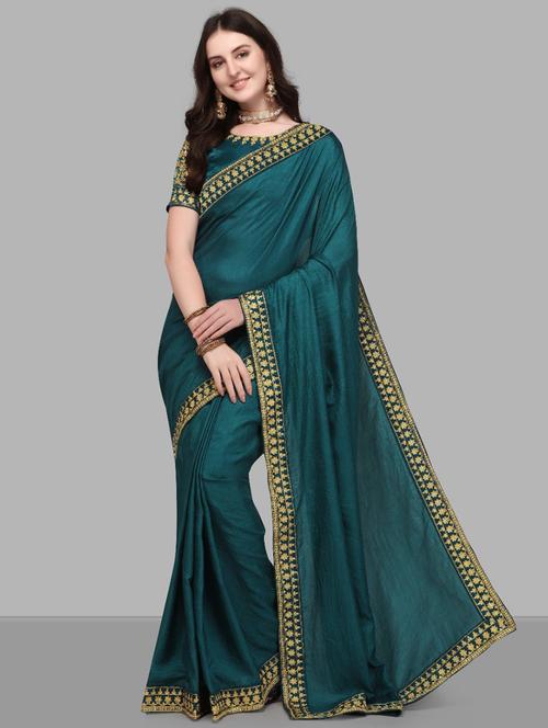 women's bordered royal blue colored saree with blouse - 18583518 - Very Small Image - 1