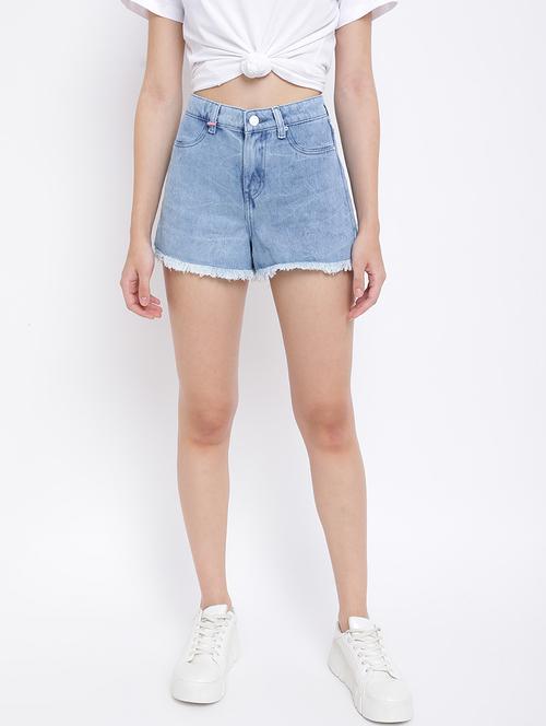 women light blue denim solid shorts - 18587151 - Very Small Image - 1