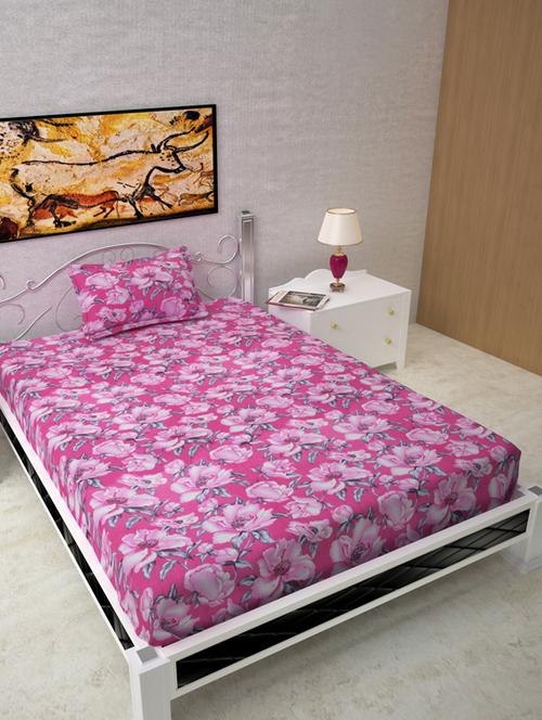 120 tc cotton flat bedsheet for single bed with 1 pillow cover|60x90 inch|design floral|color - pink| - 18590865 - Very Small Image - 1