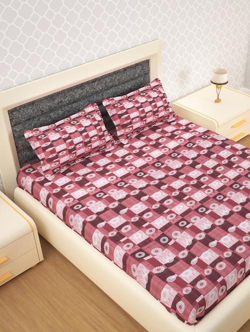 120 tc cotton flat bedsheet for double bed with 2 pillow covers | 90x120 inch | design geomatric | color - cherry | - 18592494 - Very Small Image - 1