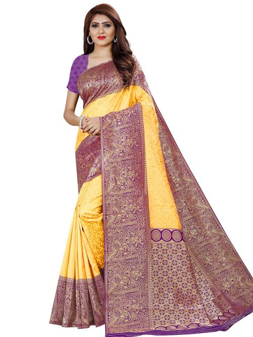 women's self design yellow colored saree with blouse - 18612768 - Very Small Image - 1