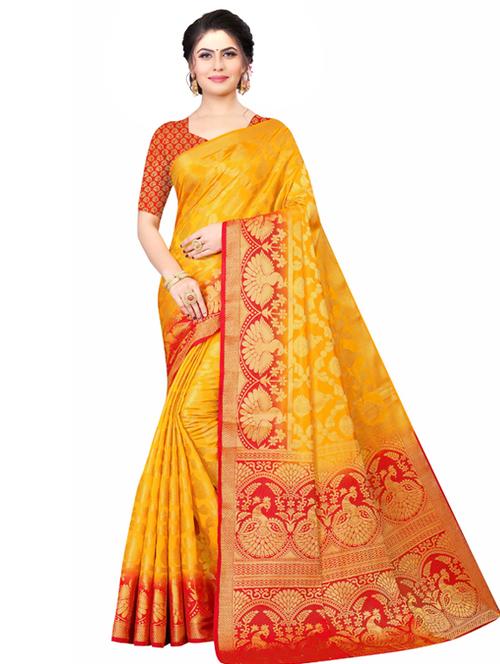 women's self design yellow colored saree with blouse - 18612915 - Very Small Image - 1