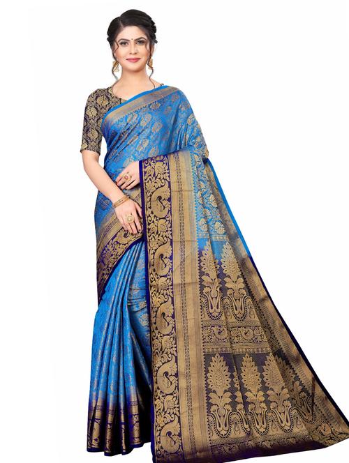 women's self design blue colored saree with blouse - 18612991 - Very Small Image - 1
