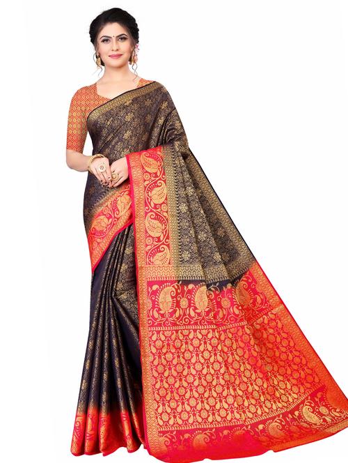 women's self design navy blue colored saree with blouse - 18613014 - Very Small Image - 1