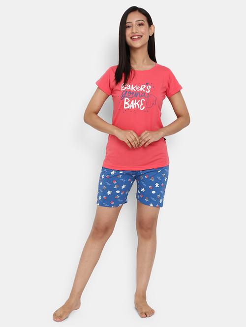 round neck printed nightwear shorts set - 18615611 - Very Small Image - 1