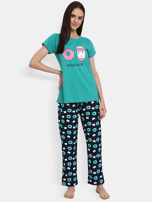 round neck printed nightwear pajama set - 18615616 - Very Small Image - 1
