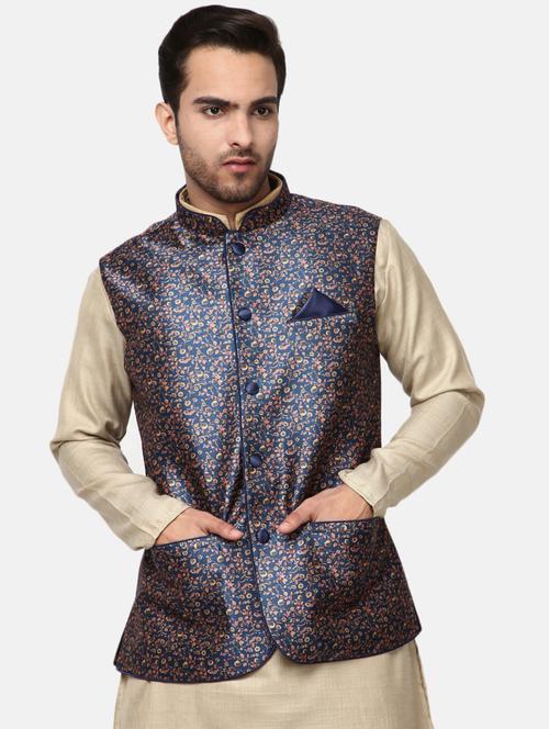 navy blue floral nehru jacket - 18616322 - Very Small Image - 1