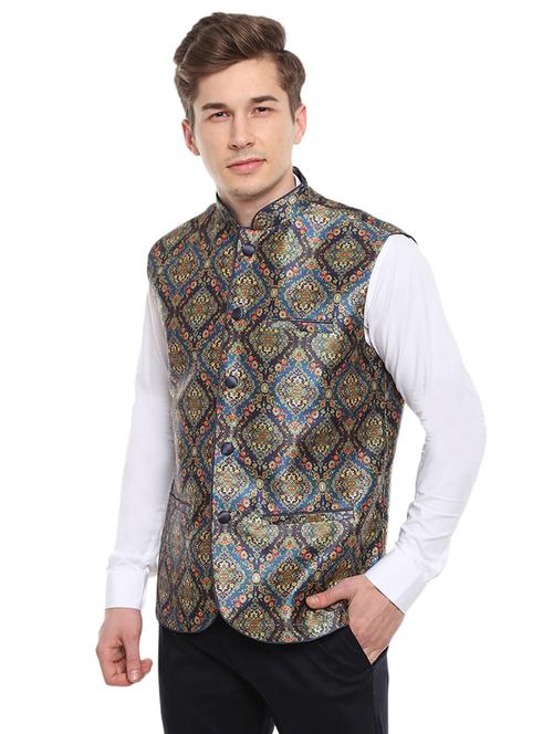 blue floral nehru jacket - 18616324 - Very Small Image - 1