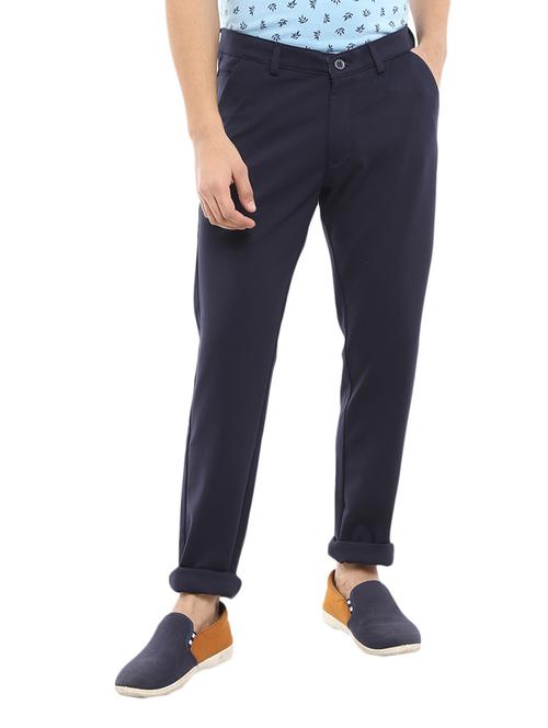 navy blue solid chinos casual trouser - 18620499 - Very Small Image - 1