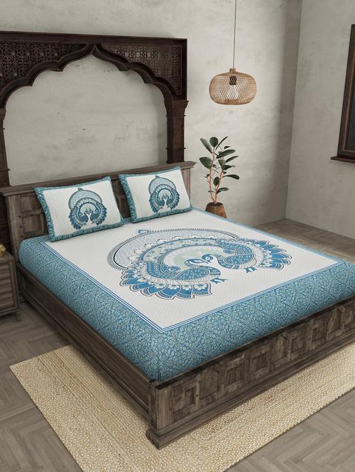 royal jaipur fabric blue pure cotton double bedsheet with 2 pillow covers - 18627647 - Very Small Image - 1