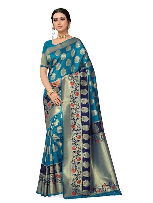 turquoise coloured banarasi saree with blouse - 18629532 - Very Small Image - 1