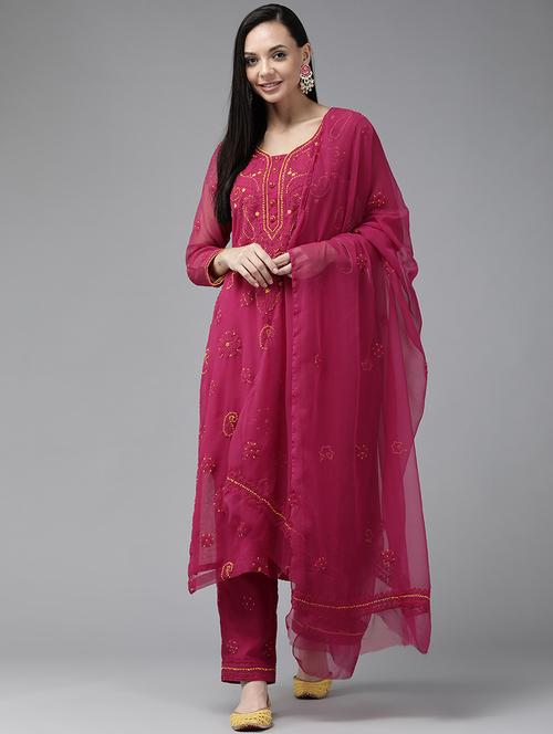 ada hand-embroidered magenta chikankari unstitched suit set - 18633686 - Very Small Image - 1