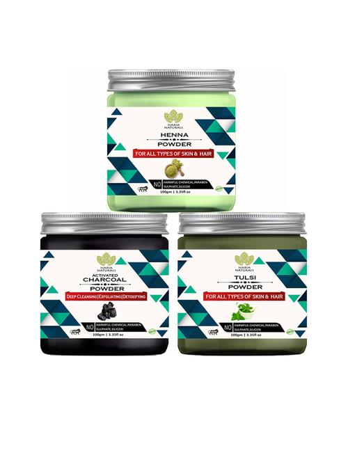 100% pure & naturals henna powder 100gm & charcoal powder 100gm & tulsi powder 100gm (pack of 3) 300gm - 18635604 - Very Small Image - 1
