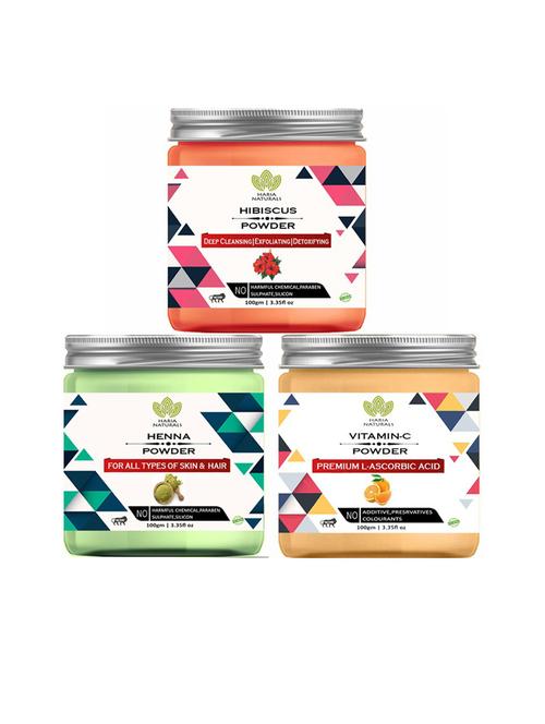 100% pure & naturals hibiscus powder 100gm & henna powder 100gm & vitamin-c powder 100gm (pack of 3) 300gm - 18635610 - Very Small Image - 1