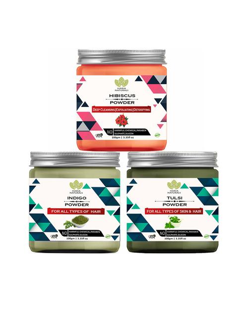 100% pure & naturals hibiscus powder 100gm & indigo powder 100gm & tulsi powder 100gm (pack of 3) 300gm - 18635639 - Very Small Image - 1