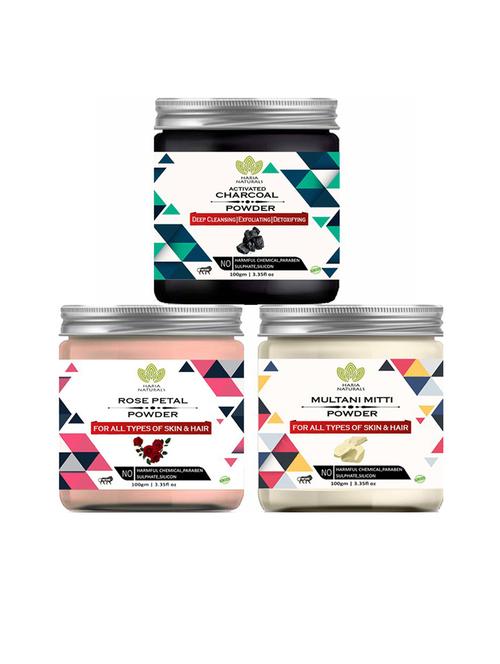 100% pure & naturals charcoal powder 100gm & rose petal powder 100gm & multani mitti powder 100gm (pack of 3) 300gm - 18635641 - Very Small Image - 1