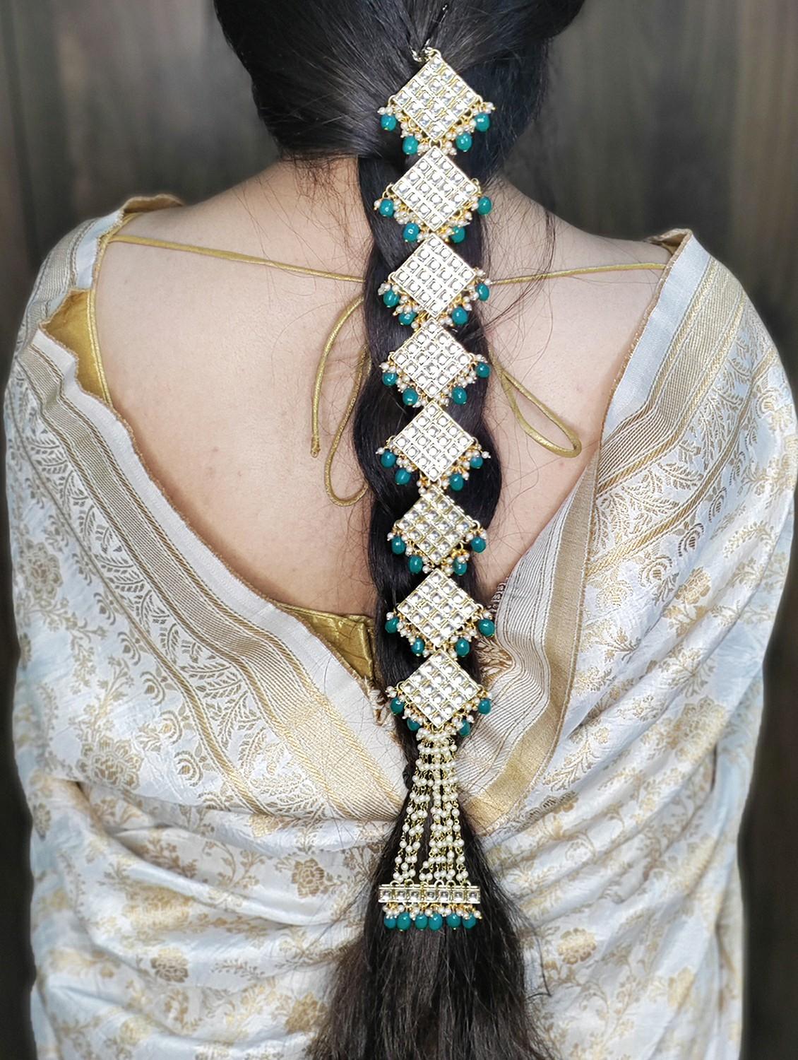karatcart diamond shape gold plated green tumble kundan bridal wedding hair braid choti - 18635740 - Standard Image - 2