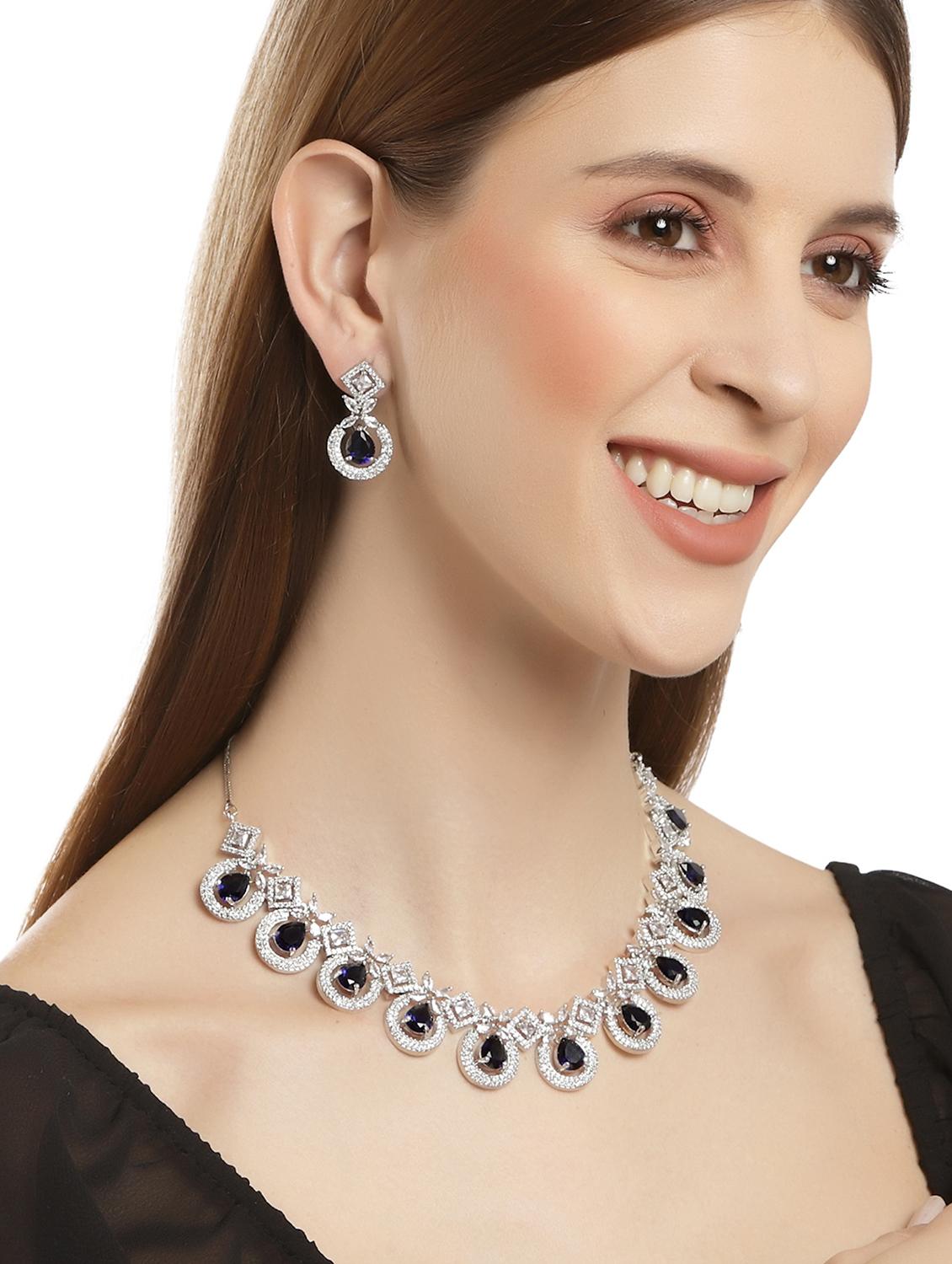karatcart silver tone blue american diamond studded necklace set - 18635848 - Standard Image - 4