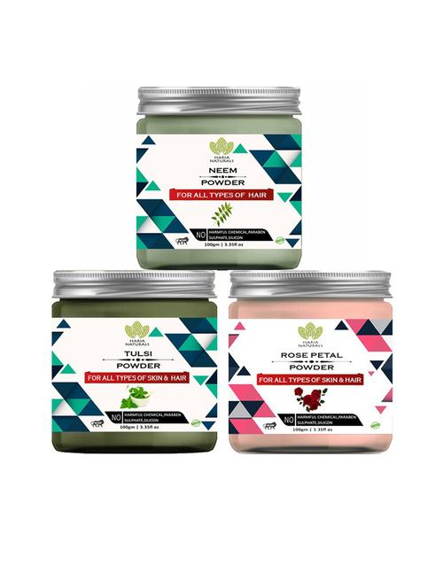 100% pure & naturals neem powder 100gm & tulsi powder 100gm & rose petal powder 100gm (pack of 3) 300gm - 18636221 - Very Small Image - 1