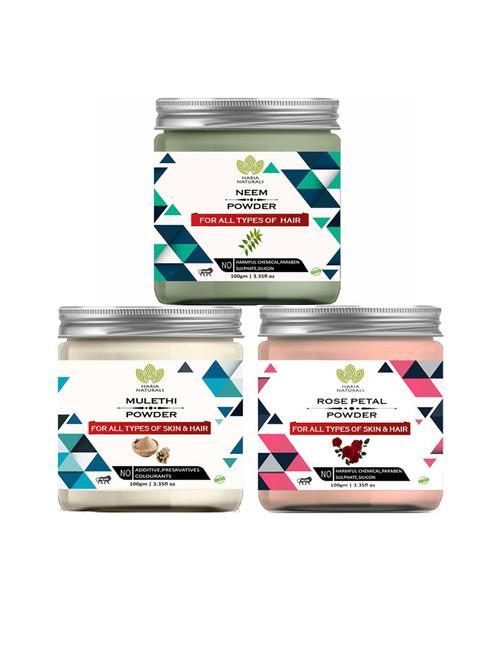100% pure & naturals neem powder 100gm & mulethi powder 100gm & rose petal powder 100gm (pack of 3) 300gm - 18636222 - Very Small Image - 1
