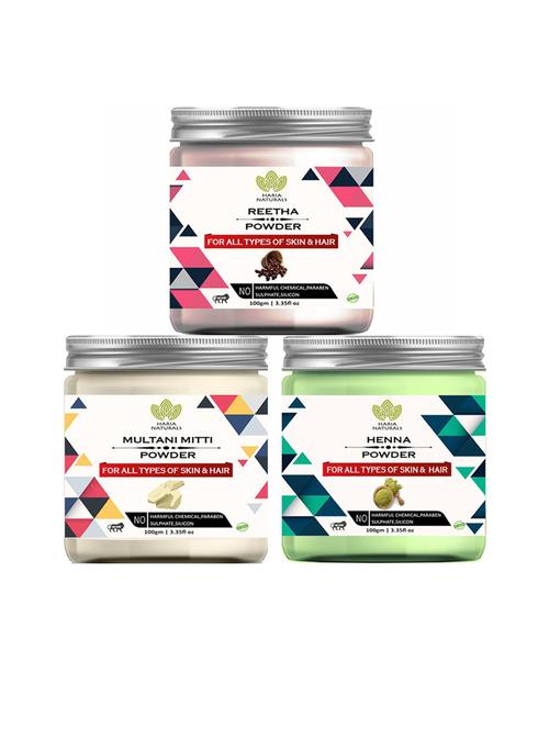 100% pure & naturals reetha powder 100gm & multani mitti powder 100gm & henna powder 100gm (pack of 3) 300gm - 18636229 - Very Small Image - 1