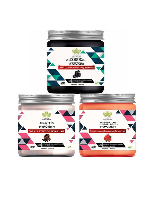 100% pure & naturals charcoal powder 100gm & reetha powder 100gm & hibiscus powder 100gm (pack of 3) 300gm - 18636236 - Very Small Image - 1