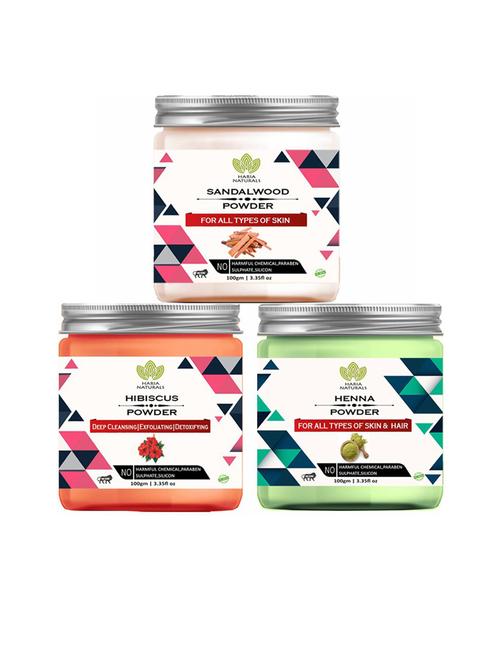 100% pure & naturals sandalwood powder 100gm & hibiscus powder 100gm & henna powder 100gm (pack of 3) 300gm - 18636243 - Very Small Image - 1