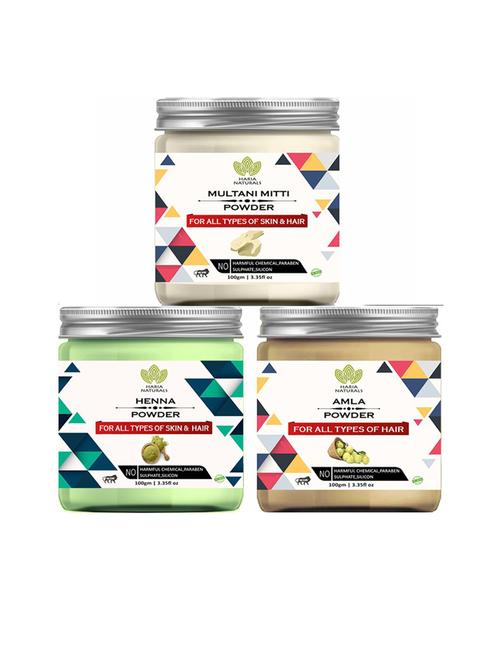 100% pure & naturals multani mitti powder 100gm & henna powder 100gm & amla powder 100gm (pack of 3) 300gm - 18636247 - Very Small Image - 1