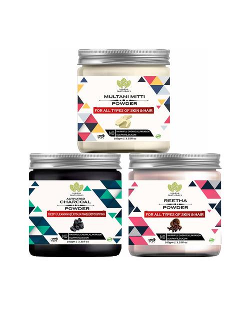 100% pure & naturals multani mitti powder 100gm & charcoal powder 100gm & reetha powder 100gm (pack of 3) 300gm - 18636256 - Very Small Image - 1