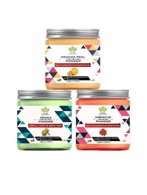 100% pure & naturals orange peel powder 100gm & henna powder 100gm & hibiscus powder 100gm (pack of 3) 300gm - 18636262 - Very Small Image - 1